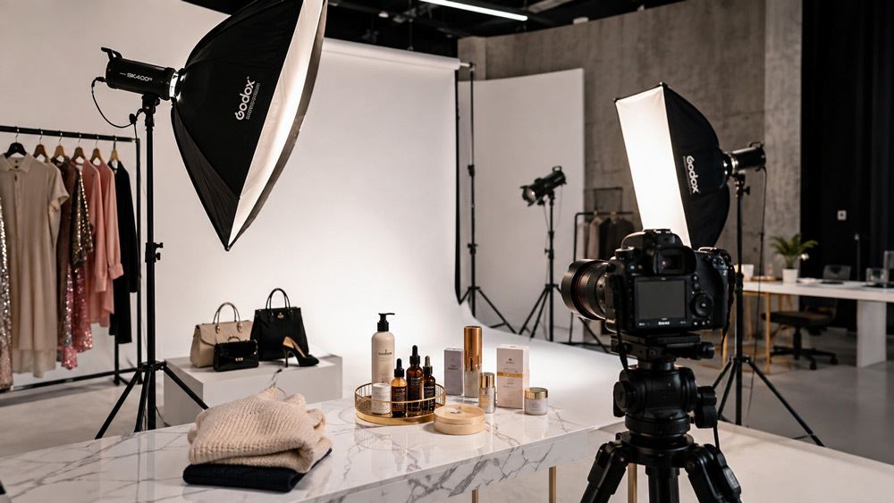 Editorial magazine-style hero photograph of a premium ecommerce photography studio in Delhi NCR featuring sleek white cyclorama professional strobe lights modern DSLR mounted on tripod luxury cosmetics and apparel products styled on marble surface for Ckstudio 2026 ecommerce photography services